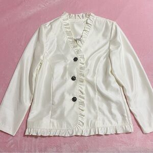 Women’s Vintage Beige Satin Ruffle Jacket Blouse Size Large